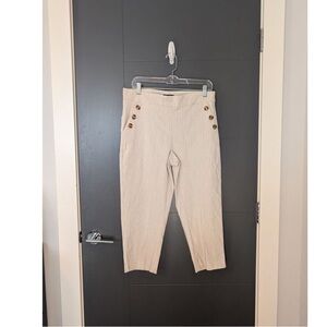 Beige Striped Pants with Button Detail